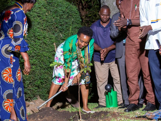 Governor Christine planting a tree on official visit to RC K,la Nsmabya -21st . Oct. 2025